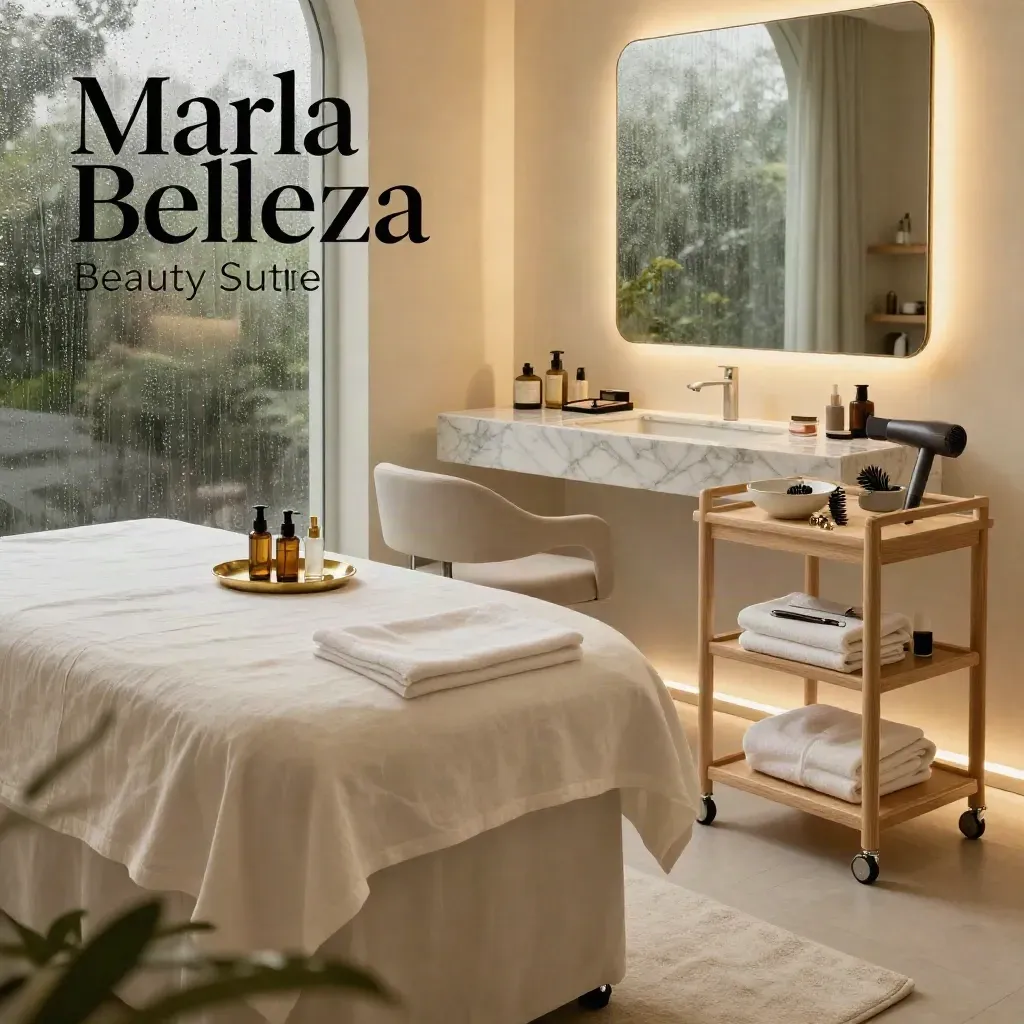 Cabina de belleza elegante con camilla, tocador, carro de peinado y mesa de uñas en luz dramática.