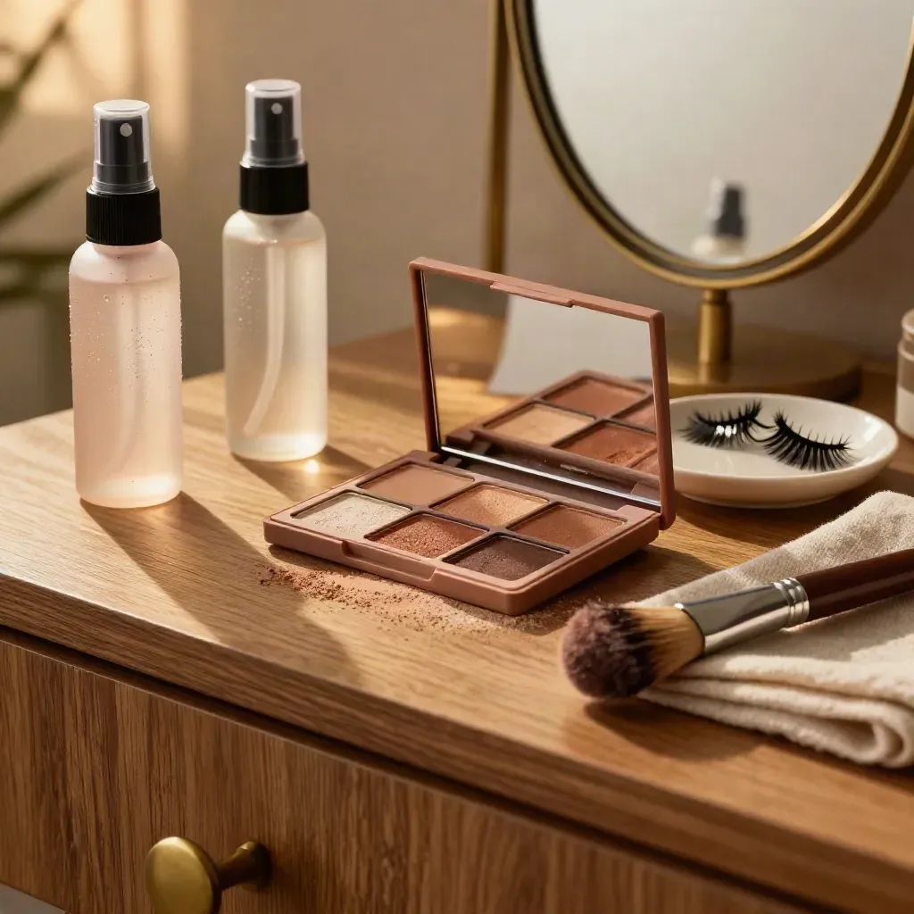 Set de maquillaje con paleta abierta, fijador, pestañas postizas y espejo ovalado empañado.