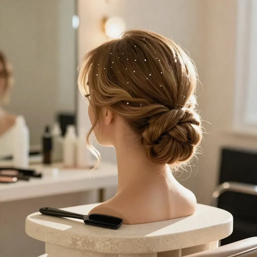 Recogido bajo con ondas suaves sobre cabeza de práctica, con spray fino y luz cálida.