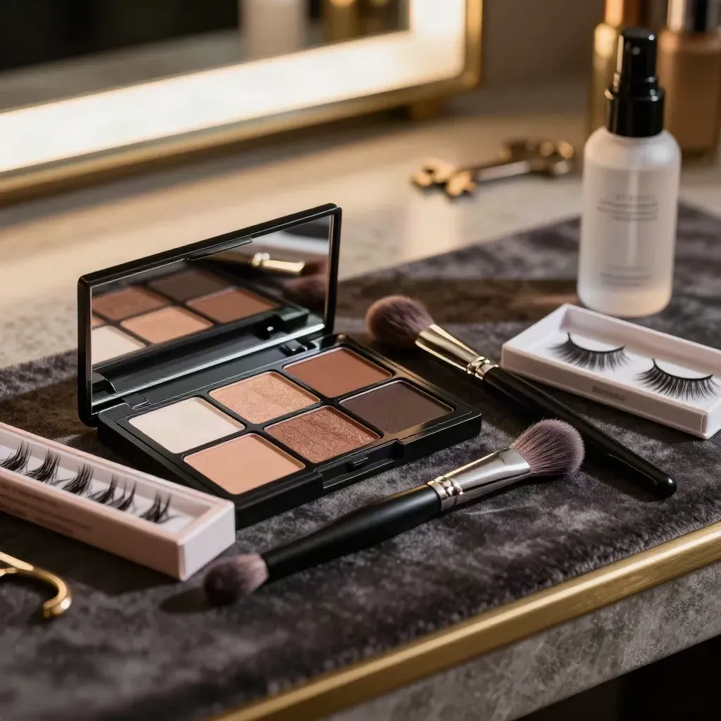 Paleta de sombras, brochas finas, pestañas postizas y fijador sobre terciopelo con luz dramática.