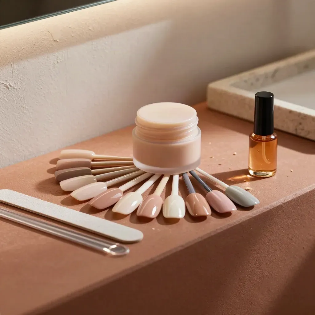 Frascos de gel nude, limas de vidrio y muestras de color sobre una superficie terracota.