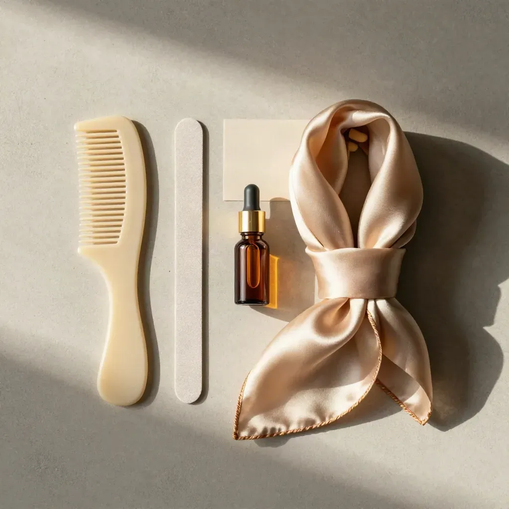 Kit de salida de belleza con peine, pinza, lima, aceite y pañuelo de seda sobre cemento claro.
