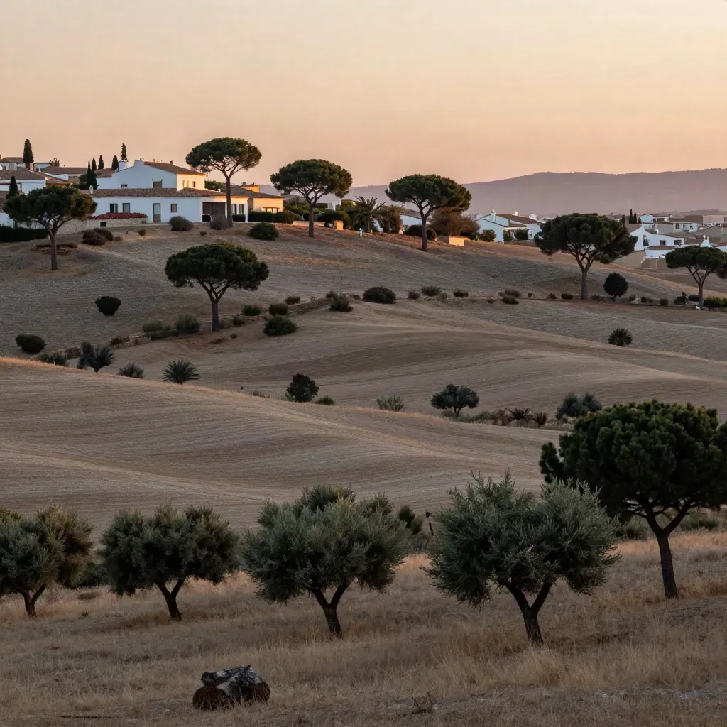 Lomas del oeste de Madrid con pinos y casas bajas bajo una luz cálida y bruma suave.