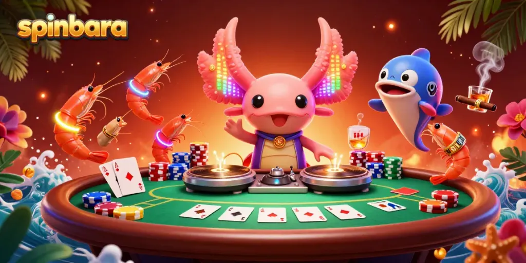 Experience the thrill of spinbara with a neon axolotl DJ and vibrant poker scene.