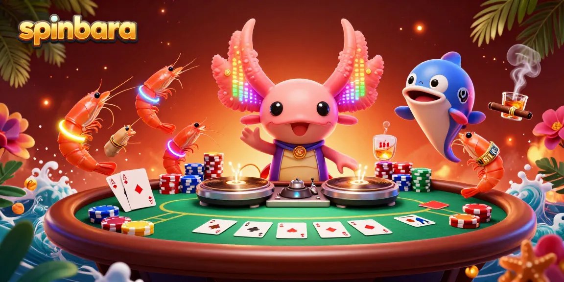 Experience the thrill of spinbara with a neon axolotl DJ and vibrant poker scene.